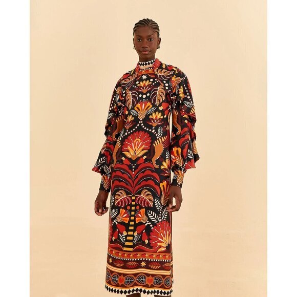 💕FARM RIO💕 Nature Beauty Red Scarf Backless Midi Dress ~ Large L NWT - Picture 5 of 16